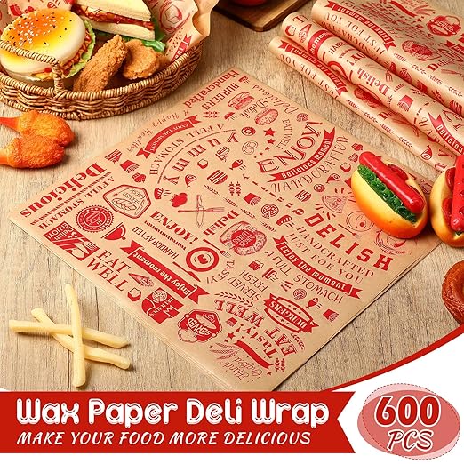 600 Pcs 12 x 12 Inch Deli Wax Paper Sheets Grease Resistant Tray Basket Liners Newsprint Paper Water and Grease Proof Sandwich Wrapping Square Hot Dog Wrappers for Food Baking (Red on Brown)