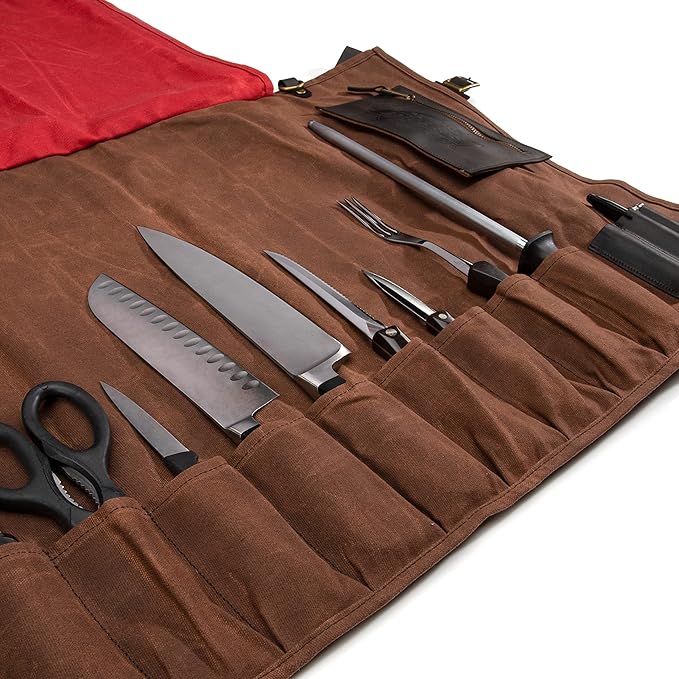 Dickies Chef Knife Roll Bag Portable Organizer and Cutlery Storage Roll, Waxed Canvas and Leather, Large