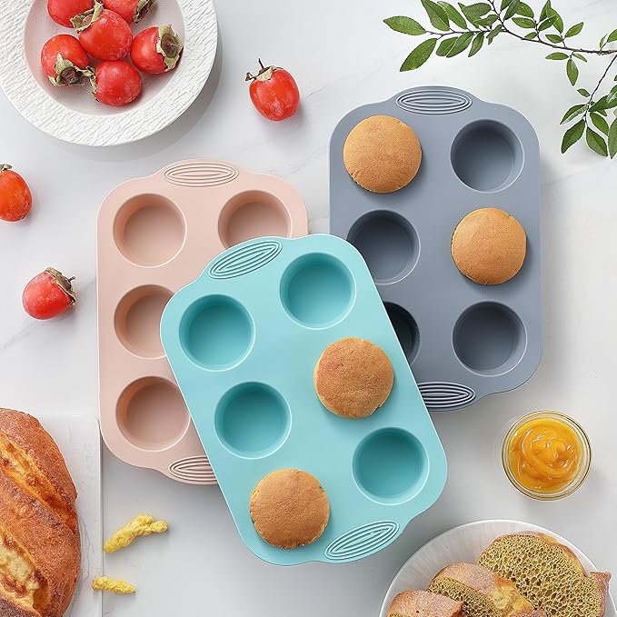 Silicone Muffin Pan, Food Grade Silicone Cupcake Molds for Baking Muffins and Cupcakes, 6-Cup Nonstick Cupcake Pan, Easy Cleaning and BPA-Free (Gray, Orange, Blue)