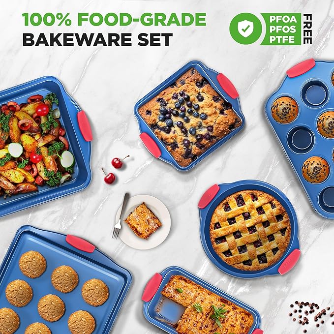 NutriChef 6-Piece Bakeware Set - Nonstick Carbon Steel Baking Pans with Red Silicone Handles, Blue Coating, Durable & Stain-Resistant, Perfect for Baking Cakes, Muffins, Cookies (Blue)