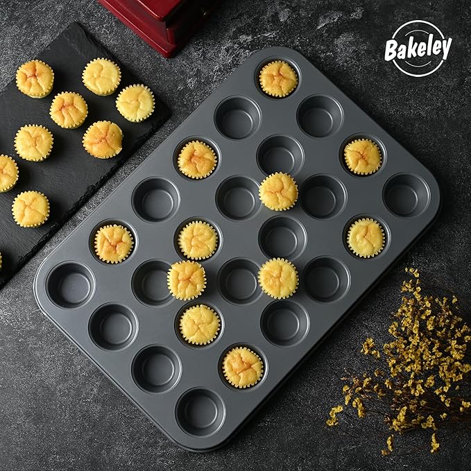Mini Muffin Cake Pan, 24-Cavity Non-Stick Tiny Cupcake Pan Bakeware for Oven Baking (Dark Grey)