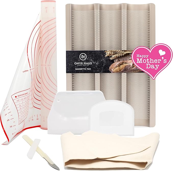 French Bread Kit - Baguette Pan for Baking, Silicone Baking Mat, Dough Cutter and Scraper, Bread Lame Cutter, & Bakers Couche Proofing Cloth - Nonstick Bread Pans for Homemade Bread Gift Set