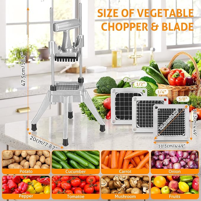 WICHEMI Commercial Chopper Vegetable Cutter Fruit Dicer w/3 Blades Commercial Onion Chopper Dicer Professional Food Dicer Heavy Duty Stainless Steel French Fry Cutter for Home Kitchen Restaurant Use