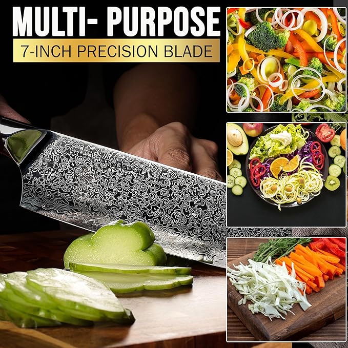 SliceElite Elite Series 7 Inch Nakiri Knife Damascus VG10 Core Forged Carbon Fiber Handle Polymer Guard Japanese Chef Vegetable Chopping Cleaver Kitchen Knife Sharp Cutting Cooking Tomato Butcher Tool