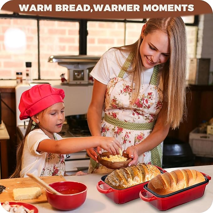 Cast Iron Bread Loaf Pan with Lid, Loaf Pans for Baking Bread 9x5, Enameled Bread Pans for Homemade Bread, Sourdough, Set of 2, Cherry