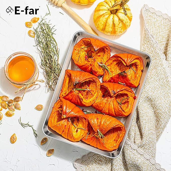 E-far 2 Packs Toaster Oven Trays, 9.4”x7.3” Stainless Steel Small Baking Cookie Sheets, Mini Non-toxic Metal Baking Pans for Cake, Healthy & Rust Free, Mirror Finish & Dishwasher Safe