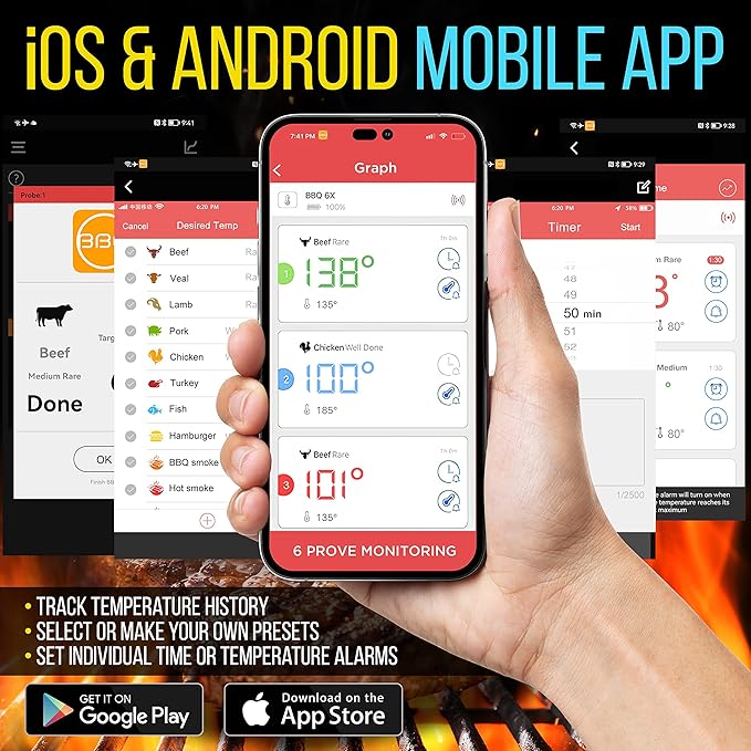 NutriChef Smart Bluetooth BBQ Thermometer with Travel Zip Case, Upgraded Stainless w/ 2 Temperature Probes, LCD Display, Done Alarm Android iPhone, Gas Charcoal BBQ Smoker Temp Monitoring