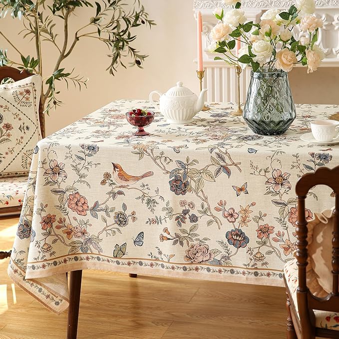 ISAENNE Designer French Light Beige Tablecloth Rectangular,Linen Florals and Birds Pattern Table Cloth,Anti-Wrinkle Decorative Tablecloths for Dining Thanksgiving Kitchen,55"*87"-Cornucopia