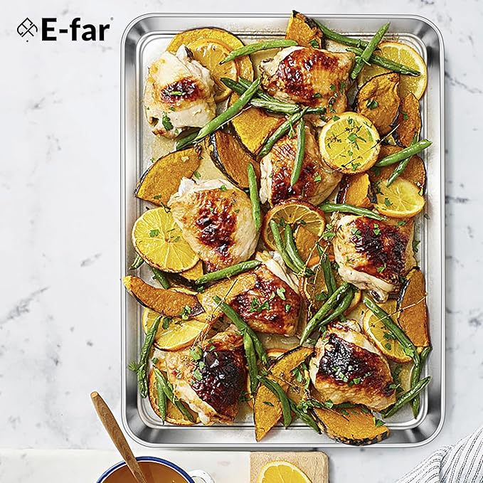 E-far Baking Sheets Set of 3, 16” x12” x 1” Stainless Steel Cookie Sheets Pans for Oven, Non-toxic Metal Trays for Baking Cake Cookie, Healthy & Rust Free, Mirror Finish & Dishwasher Safe