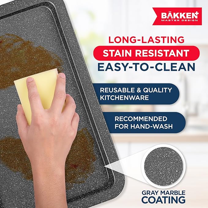 BAKKEN Kitchen Baking Pans - Nonstick Gray Coating, 13.18’’ × 8.66’’ Commercial Grade Carbon Steel Cookie Sheet, Baking Kitchen Essentials, PFOA, PFOS, PTFE Free, Oven Safe Tray (450° F), Gray Marble