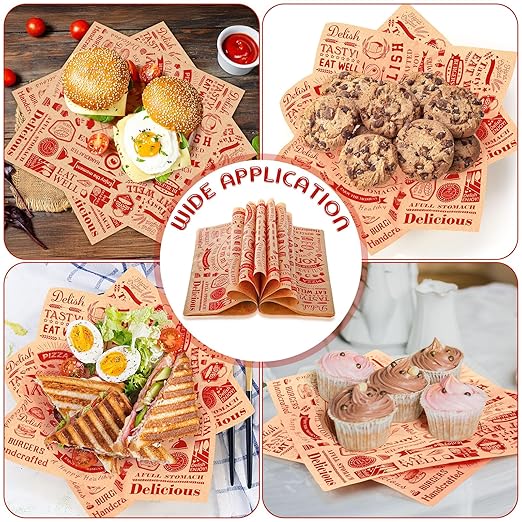 600 Pcs 12 x 12 Inch Deli Wax Paper Sheets Grease Resistant Tray Basket Liners Newsprint Paper Water and Grease Proof Sandwich Wrapping Square Hot Dog Wrappers for Food Baking (Red on Brown)