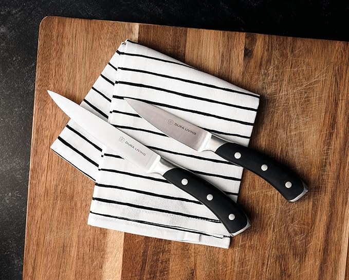 DURA LIVING 3-Piece Kitchen Knife Set – Ultra-Sharp German Stainless Steel, 8” Chef, 5” Utility, and 3.5” Paring Knives with Ergonomic Handles, Multipurpose Kitchen Knife Set, Black