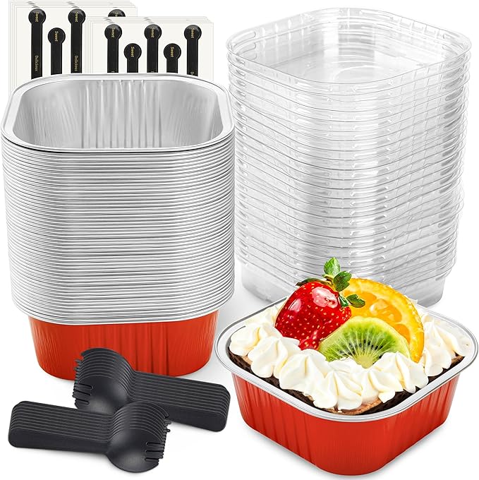 50 Pcs Mini Square Baking Cups with Lids and Spoons Aluminum Foil Mini Cake Pans with Lids Disposable Ramekins Cake Pans Dessert Cups for Wedding Birthday Party(Red,10oz)