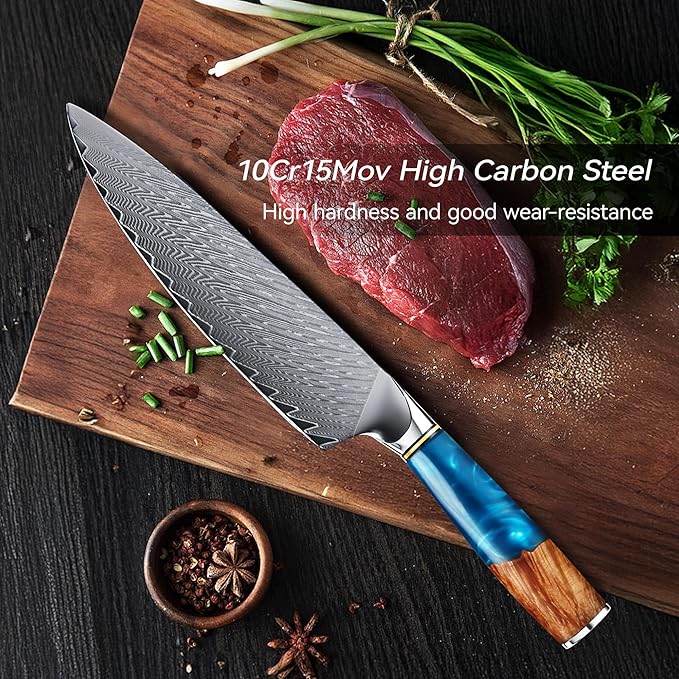 8" Chef's Knife, Japanese Damascus Chefs Knife 67 Layers High Carbon VG10 Steel Core with Resin & Burl Ergonomic Handle, Gift Box