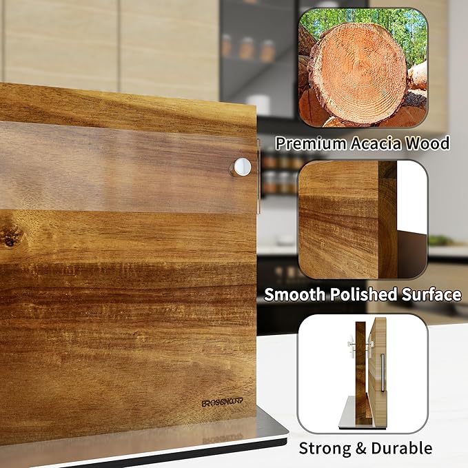 Acacia Wood Magnetic Knife Block Stand with Thickened Acrylic Shield - Double-Sided Powerful Magnet Holder for 10+ Knives, Anti-Slip Base & Space-Saving Design