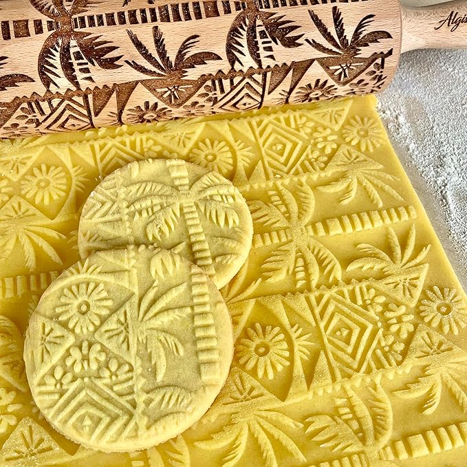 PALM TREE Embossing Rolling Pin with Tropical Pattern. Dough and Clay Roller for Embossed Cookies and Pottery. Cookie and Ceramic Stamp. Backing Gifts for Women by Algis Crafts