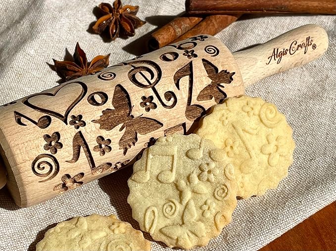 SUMMER 3 KID Rolling Pin SET. Wooden Laser Cut Mini Rolling Pins for cookies, play dough, salt dough or clay Butterfly, Music Flower by Algis Crafts