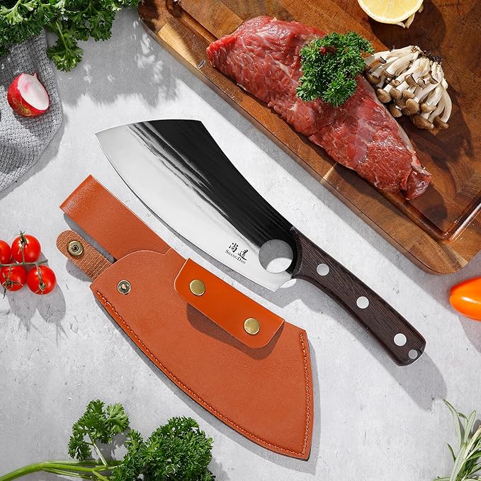 SHANGDAO 7.5" Chef Knife, Upgraded Serbian Chef Knife, Meat Cleaver Knife for Meat Cutting Forged Butcher Knife with Sheath Full Tang Kitchen Chopping Knife for Home, Outdoor Cooking, Camping