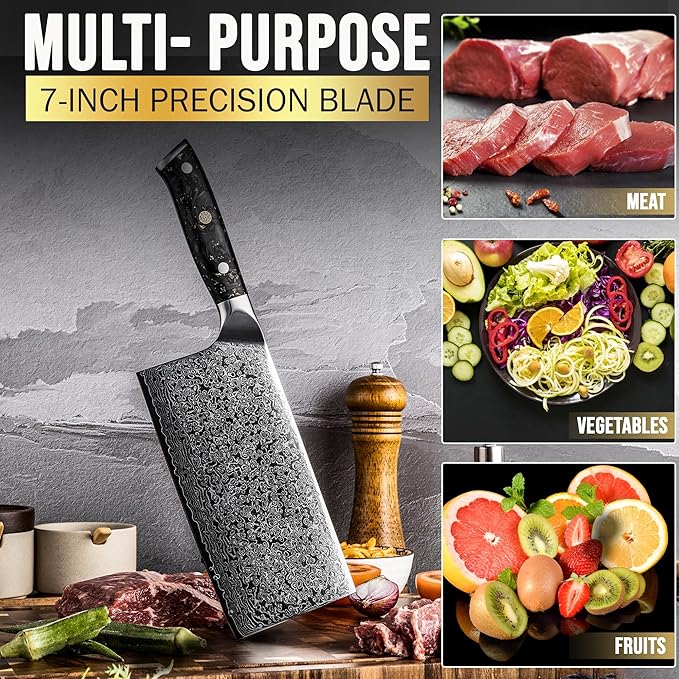 SliceElite Elite Series 7 Inch Meat Cleaver Knife Damascus VG10 Core Forged Carbon Fiber Handle Heavy Duty Chopper Sharp Kitchen Butcher Bone Cutter Vegetable Fruit Chef Tool Polymer Blade Guard Gift