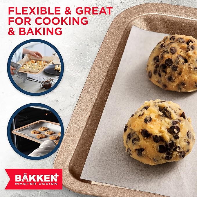 BAKKEN 3-Piece Kitchen Baking Pans - Small, Medium, and Large Cookie Pan, With Nonstick Coating, Stackable and Space-saving Design, PFOA, PFOS, PTFE Free, Oven Safe Tray (Up To 450°F), Brown