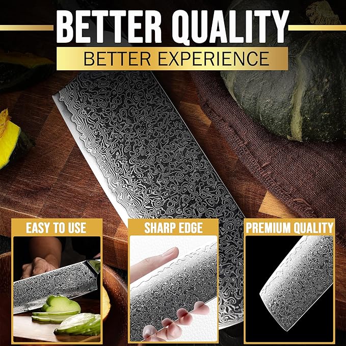SliceElite Elite Series 7 Inch Nakiri Knife Damascus VG10 Core Forged Carbon Fiber Handle Polymer Guard Japanese Chef Vegetable Chopping Cleaver Kitchen Knife Sharp Cutting Cooking Tomato Butcher Tool