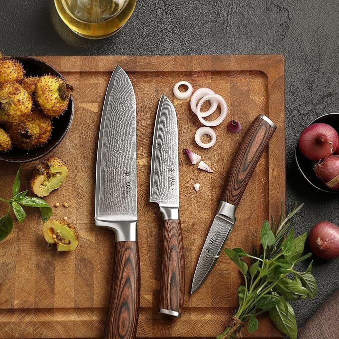Wakoli EDIB 3-Piece Damascus Knife Set with Magnetic Knife Block | Professional Chef Knives with 3.4" - 6.7" Blades, 67-Layer Damascus Steel, VG10 Core, Pakkawood Handles | Premium Kitchen Knife Set
