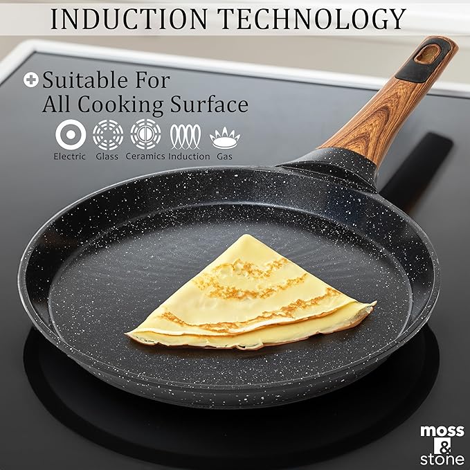 Moss & Stone 9.5-Inch Nonstick Crepe Pan with Spreader – Ceramic Dosa Tawa, Flat Skillet for Roti, Pancakes, Tortillas – Induction Compatible, Nonstick Pancake Pan for Stovetop Use, Balck
