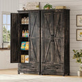 AMERLIFE 2 Pcs Farmhouse Kitchen Pantry Cabinet, 72" Tall Storage Cabinet with Adjustable Shelves & Barn Doors & Drawer, Freestanding Kitchen Cupboard for Dining Room, Living Room, Dark Rustic Oak