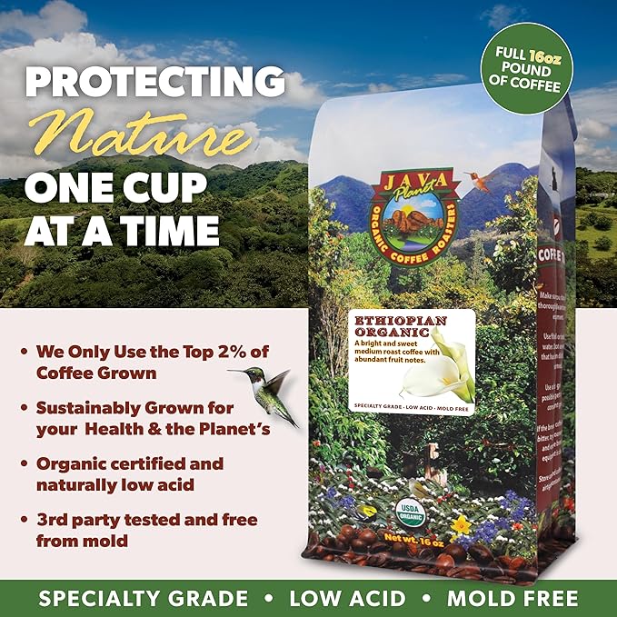 Low Acid Organic Coffee – Whole Bean, Mold-Free & Stomach Friendly by Java Planet, Ethiopian Single Origin Coffee, Medium Roast, Smooth Full Flavored, 5LB Bag