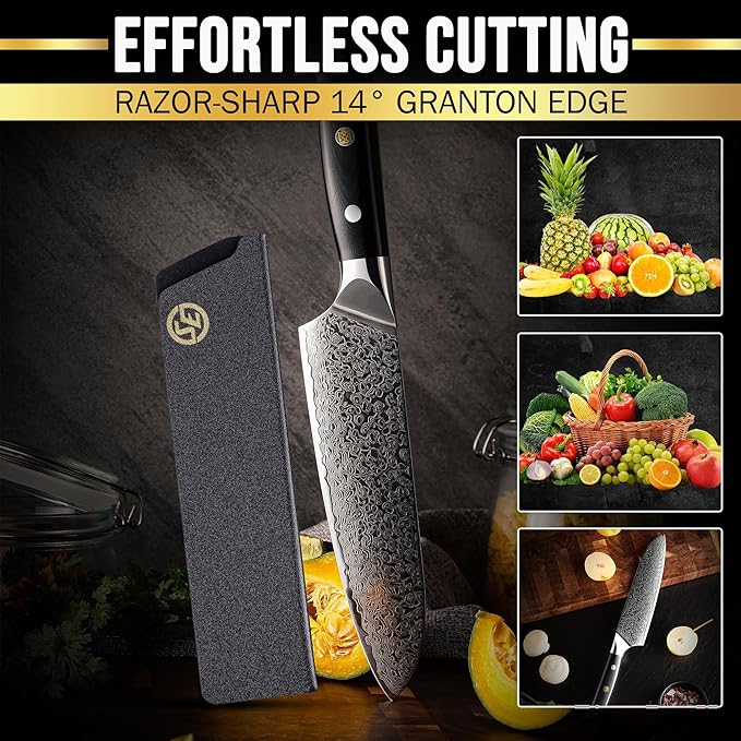 SliceElite Elite Series 7 Inch Santoku Knife VG10 Damascus Steel G10 Handle Dual Protection Cutting Kitchen Tool Sharp Vegetable Meat Chopping BBQ Chef Slicing Cleaver Cooking Camping Butcher Gift
