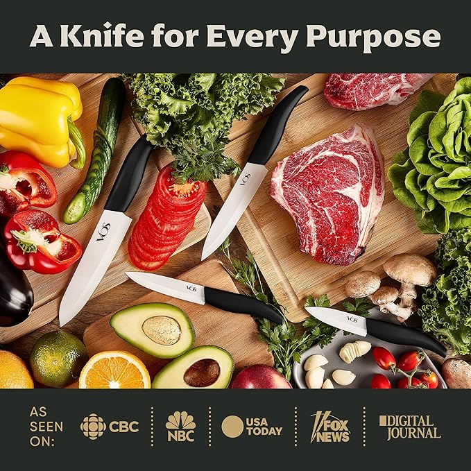 Vos Ceramic Knife Set with Block, Ceramic Knives Set For Kitchen, Ultra Sharp Kitchen Knife Set with Covers, 3" 4" 5" 6" Chef Knife, Utility, Paring & Versatile, Lightweight, Dishwasher safe (Black)