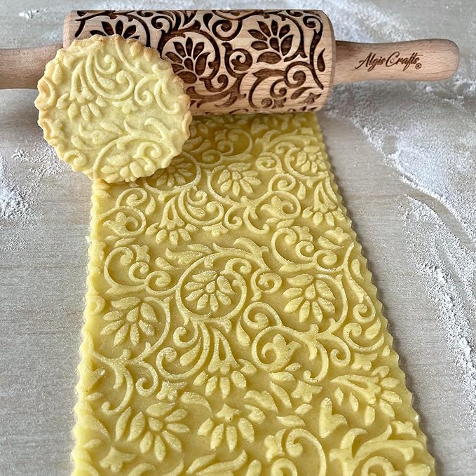 FLORET 3 Kid Rolling Pin Set with Lotus, Kashmir, Paisley, Flowering Vine, Lily Flowers Patterns. Wooden Laser Cut Mini Rolling Pins for Cookies, Play Dough, Salt Dough or Clay by Algis Crafts