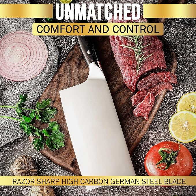 Slice Series 7-Inch Cleaver Knife – High Carbon German Steel Blade with Ergonomic Pakkawood Handle, with Options of Durable Polymer and Premium Leather Sheaths (Cleaver Knife)