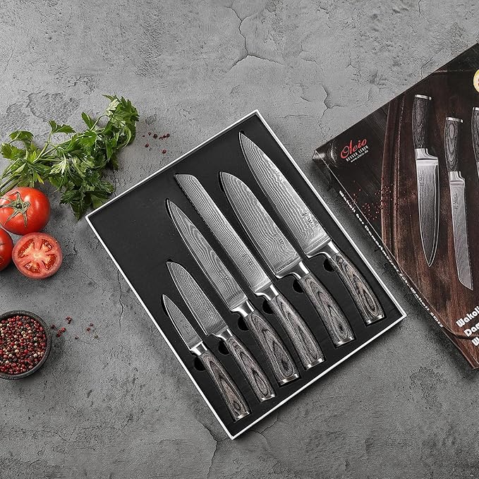 Wakoli EDIS 6-Piece Damascus Chef Knives | Japanese Style Professional Kitchen Knife Set with VG10 Core & Ergonomic Pakkawood Handles in Gift Box