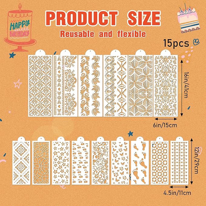 Cake Buttercream Decorating Stencils - 15 Pcs Reusable Cake Stencils Floral Boarder, Cookies Royal Icing Stencils Biscuits Decorating Template Cake Baking Stencils