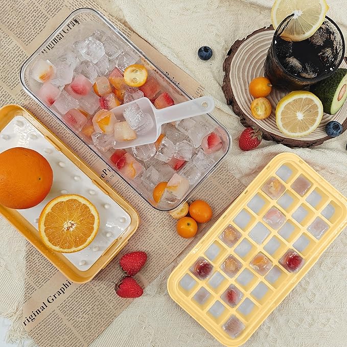 Satax Silicone & Plastic Ice Cube Trays with Lids and Bin - Durable, BPA-Free, Easy Release, Perfect for Cocktails, Coffee & More (2, yellow)