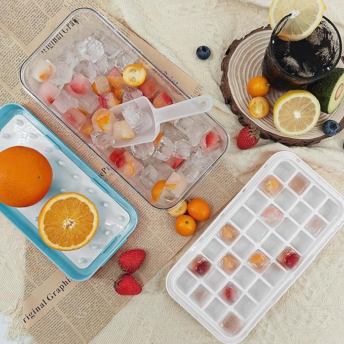 Satax Silicone & Plastic Ice Cube Trays with Lids and Bin - Durable, BPA-Free, Easy Release, Perfect for Cocktails, Coffee & More (2, blue)