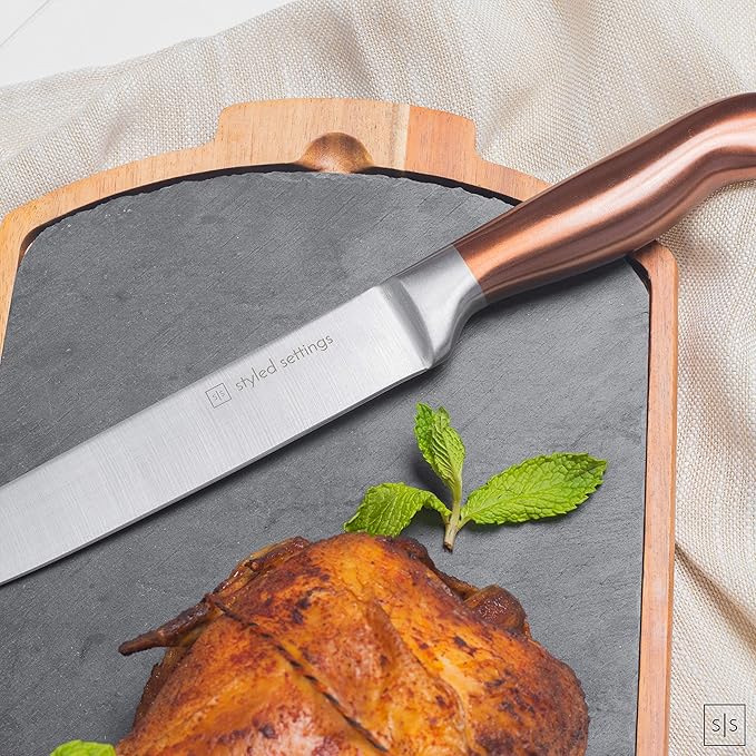 Styled Settings 14-Piece Knife Set with Block & Built-In Sharpener – Ultra-Sharp Full Tang Kitchen Knives – Premium Cooking & Prep Essentials, Copper Handle, Silver Blade & Black Block