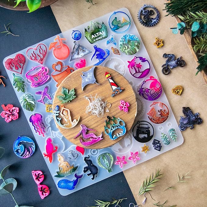 Keychain Resin Molds Silicone with Hole, 54pcs UV Resin Jewelry Mold, Epoxy Resin Molds for Keychain Pendant Jewelry Making Molds for Epoxy Resin Earring Mold, Earrings, Necklace