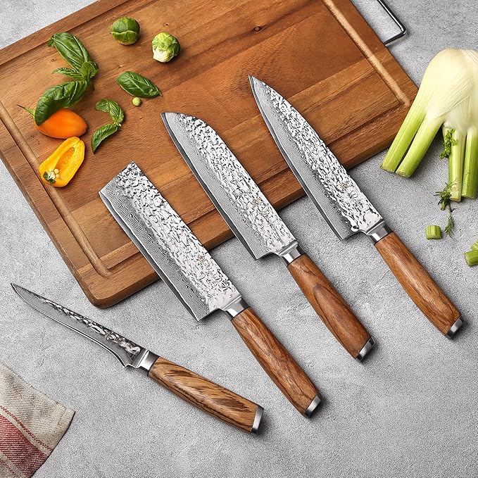 Wakoli Damascus Knife Block Set – 4-Piece Professional Chef Knife Collection with Magnetic Block | Genuine 67-Layer Damascus Steel Blades with VG10 Core | Ergonomic Zebrawood Handles