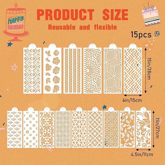 Cake Stencils for Baking - 15 Pcs Cookie Stencils for Royal Icing, Flower Roses Cookie Stencils for Buttercream Decorating, Folk Brick Stencils Cookie Decoration, Baking Template Cake Decor