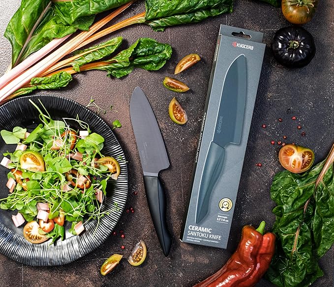 Kyocera Innovation Series Ceramic 5.5" Santoku Knife, with Soft Touch Ergonomic Handle-Black Blade, Black Handle