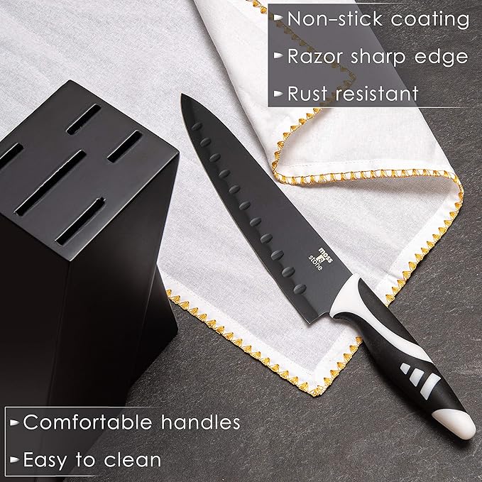 Moss & Stone 7-Piece Kitchen Knife Set with Block – Black Titanium Plated Stainless Steel Kitchen Knives, High Carbon Blades, Compact Cutlery Set for Home Cooking, Small Knife Set Black Wood Block