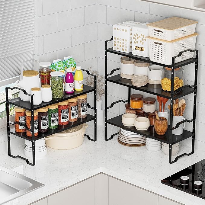 Expandable Shelf for Cabinet Organizer Adjustable Stackable Spice Rack at Kitchen and Bathroom More, Counter Countertop Cupboard Organization Pantry Storage(MEDIUM/1PACK/BLACK)