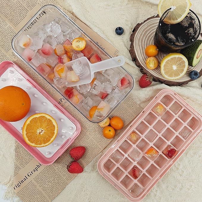 Satax Silicone & Plastic Ice Cube Trays with Lids and Bin - Durable, BPA-Free, Easy Release, Perfect for Cocktails, Coffee & More (1, pink)