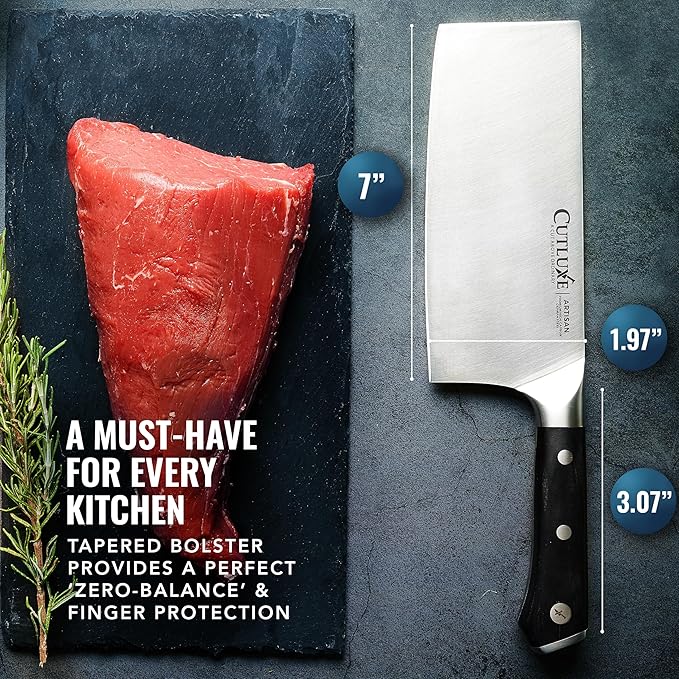 Cutluxe Cleaver Knife - 7" Meat Cleaver, Butcher Knife for Meat Cutting – German Steel Blade, Full Tang, Ergonomic Handle Design – Artisan Series