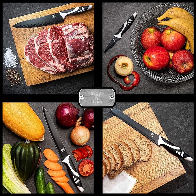 Moss & Stone 7-Piece Kitchen Knife Set with Block – Black Titanium Plated Stainless Steel Kitchen Knives, High Carbon Blades, Compact Cutlery Set for Home Cooking, Small Knife Set Black Wood Block