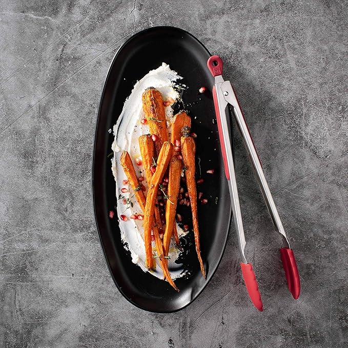 New DI ORO 2-Piece Kitchen Tongs Set (9-Inch and 12-Inch) – Stainless Steel with Non-Stick 480F Heat-Resistant Silicone Tips – Great Tool for Cooking, Serving, and Barbecuing - Dishwasher Safe (Red)