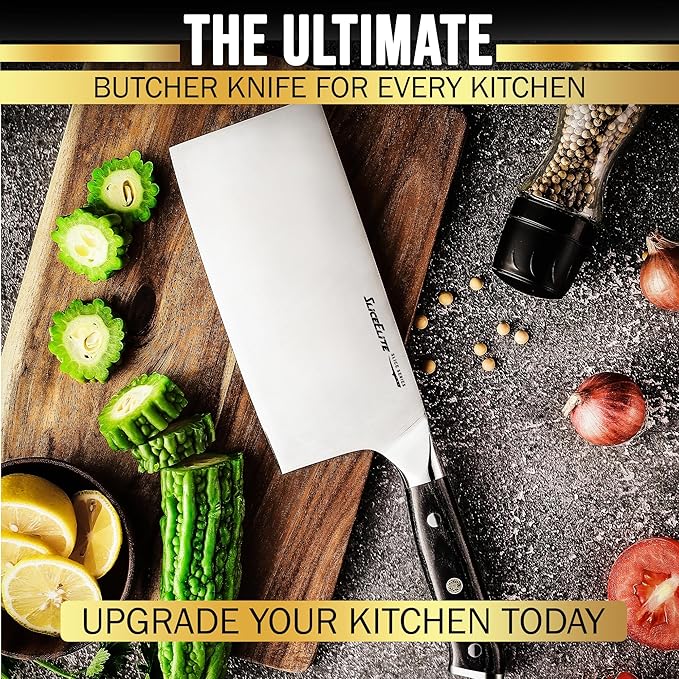 Slice Series 7-Inch Cleaver Knife – High Carbon German Steel Blade with Ergonomic Pakkawood Handle, with Options of Durable Polymer and Premium Leather Sheaths (Cleaver Knife)