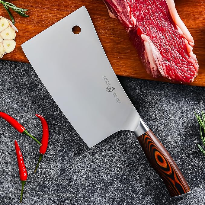 TUO Meat Cleaver, 7 inch Heavy Duty Bone Chopper, High Carbon German Stainless Steel Butcher Knife, Pakkawood Handle Kitchen Chopping Knife with Gift Box - Fiery Phoenix Series